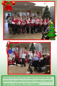 a montage of images of the school choir singing with a Christmas tree in the background